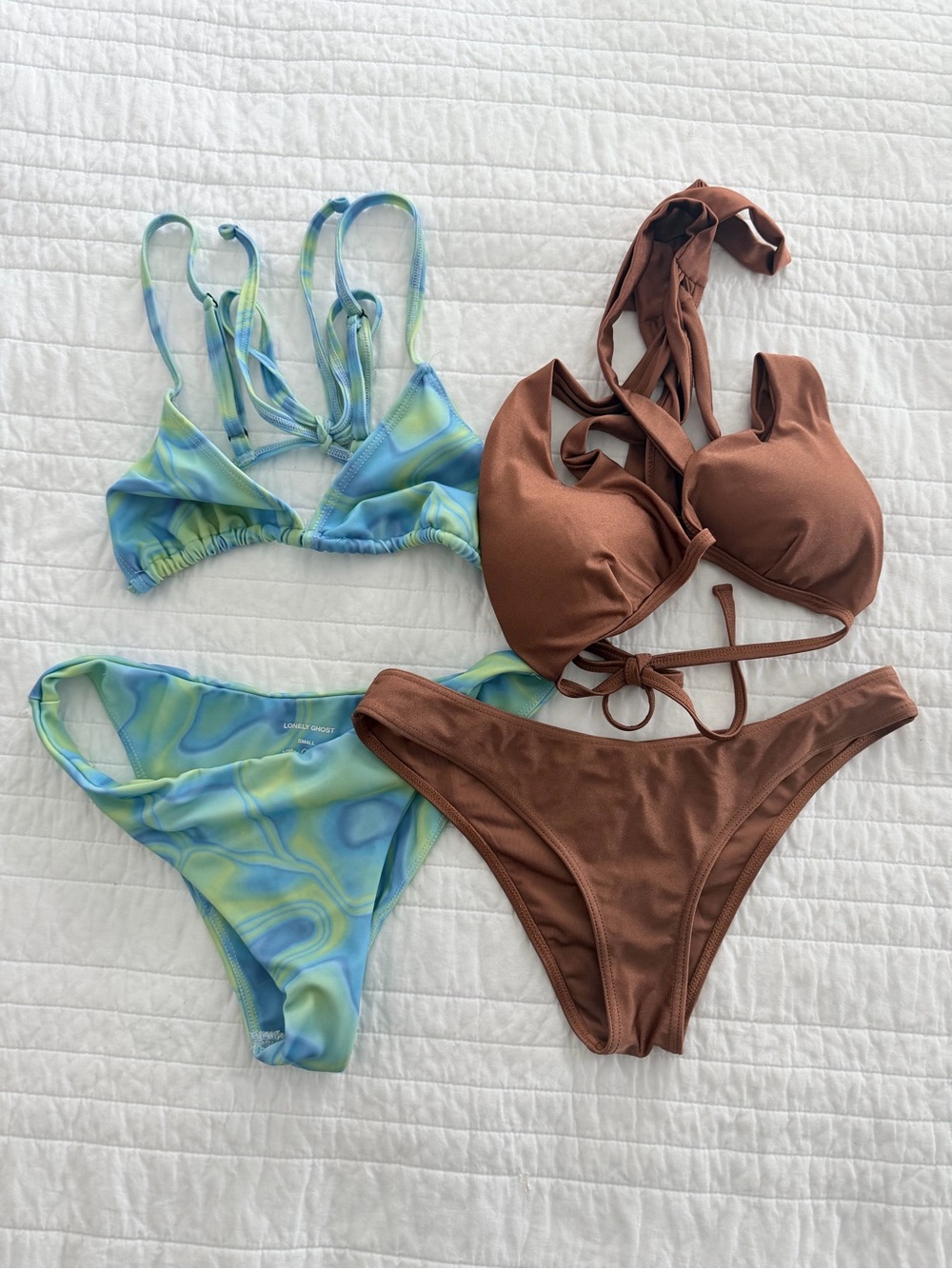 LONELY GHOST Blue-Green Swirl & Forever 21 Chocolate Brown Bikini Sets